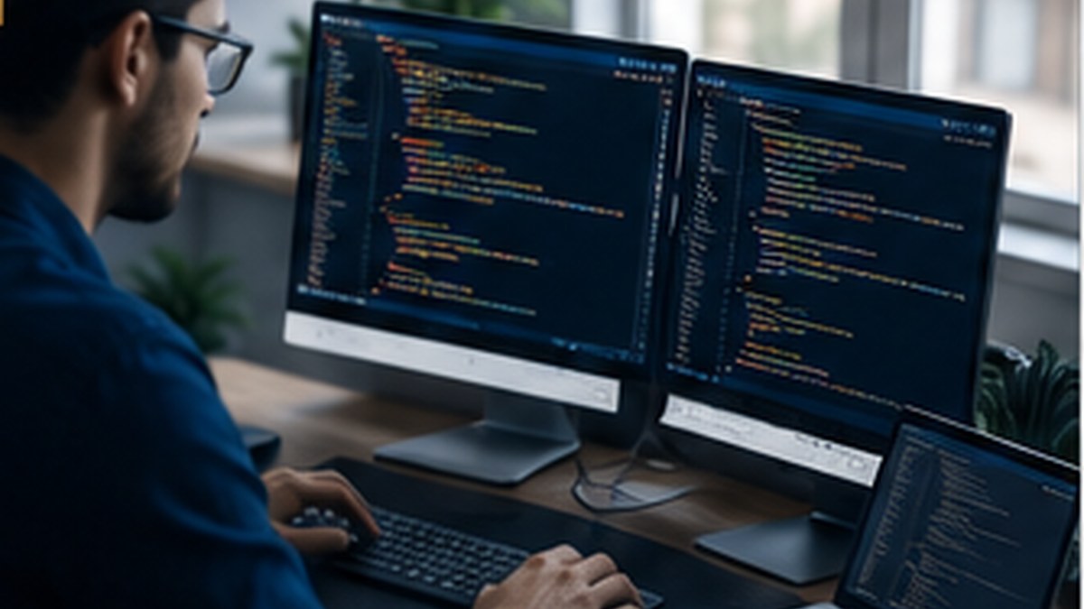 Profissional desenvolvendo software em ambiente tecnológico